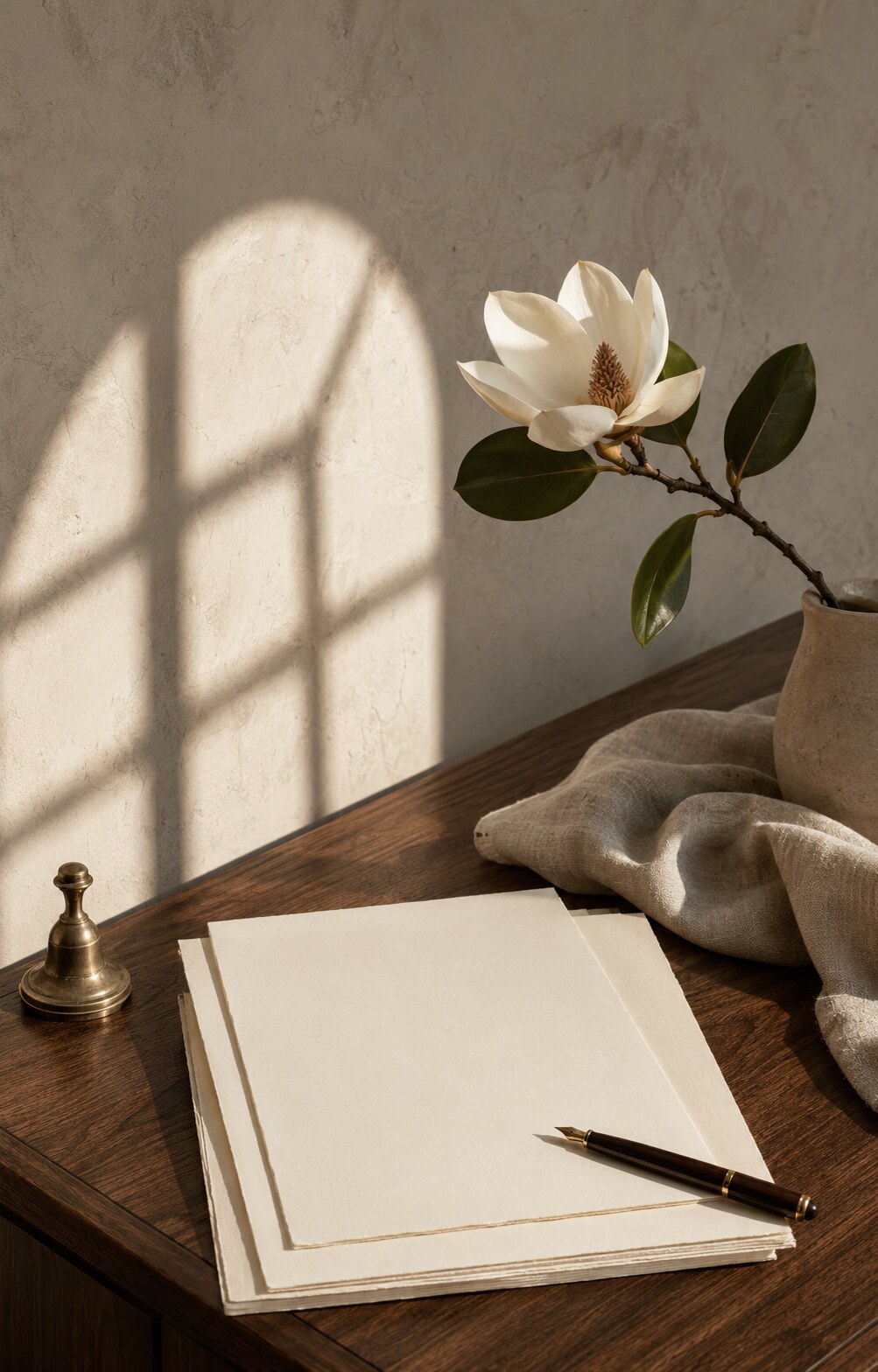 Cream stationery, linen, and magnolia on a warm wood table